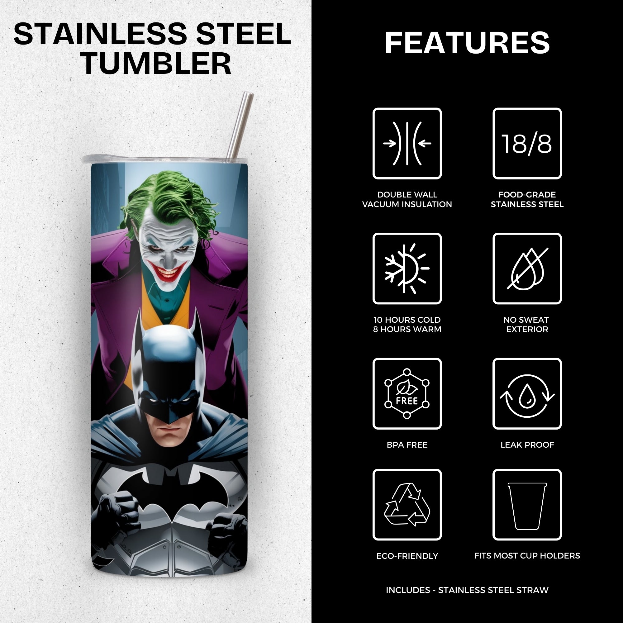 Joker Batman Duo Themed Stainless Steel Vacuum Insulated Tumbler