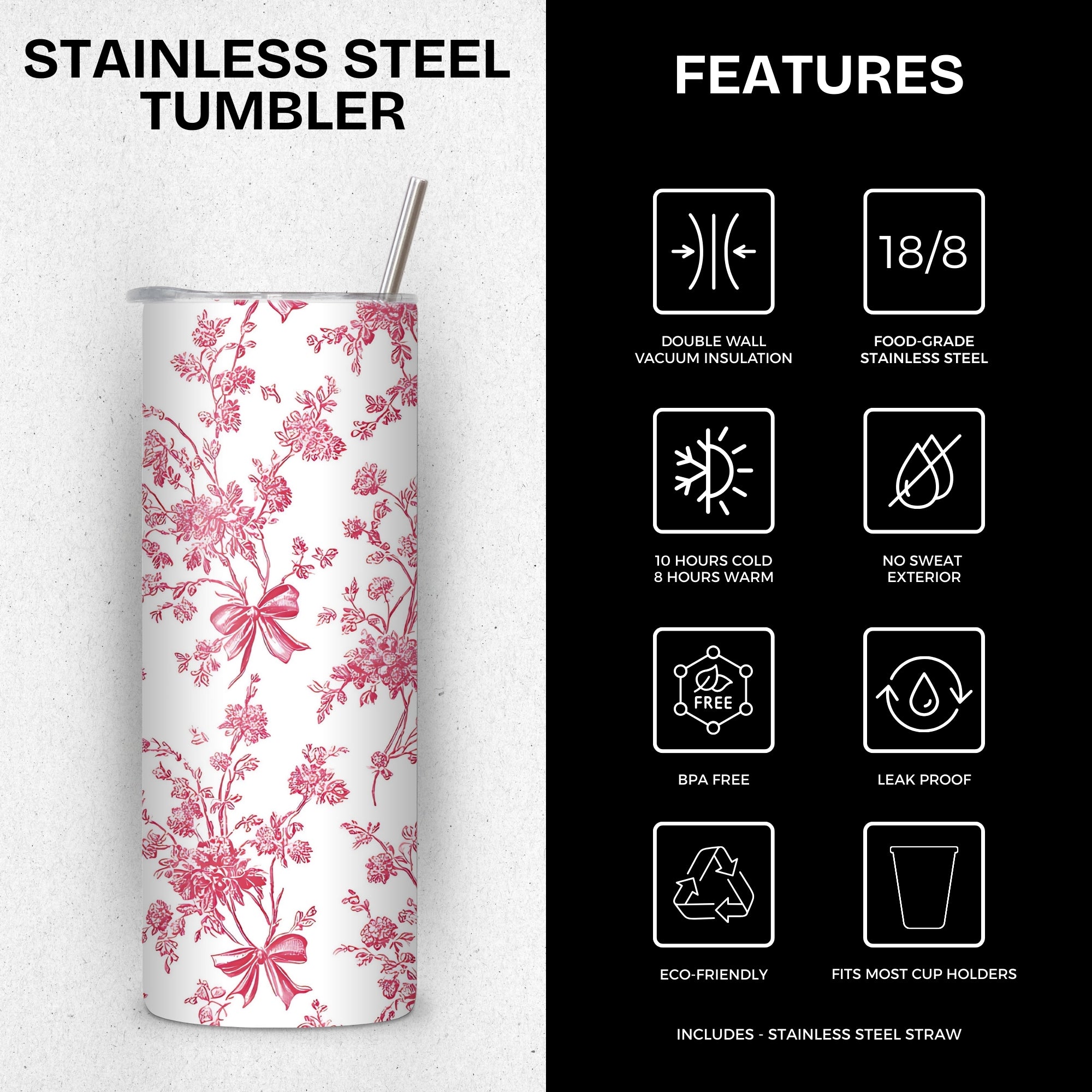 Pink Floral Themed Stainless Steel Vacuum Insulated Tumbler