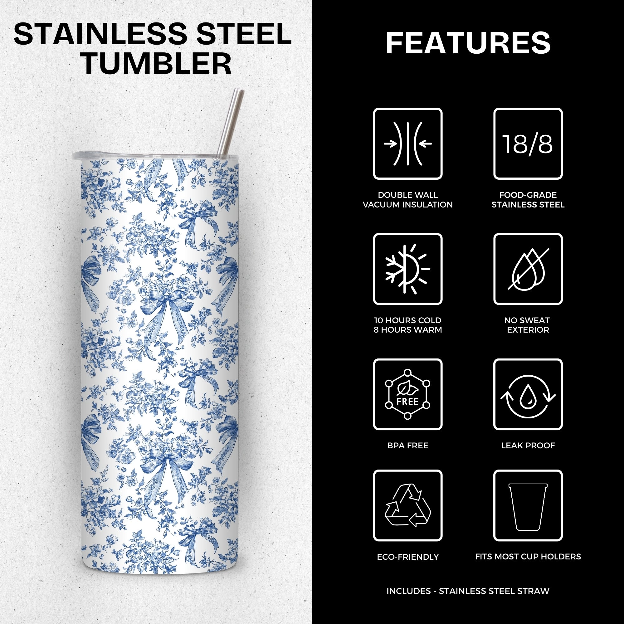 Blue Floral Themed Stainless Steel Vacuum Insulated Tumbler