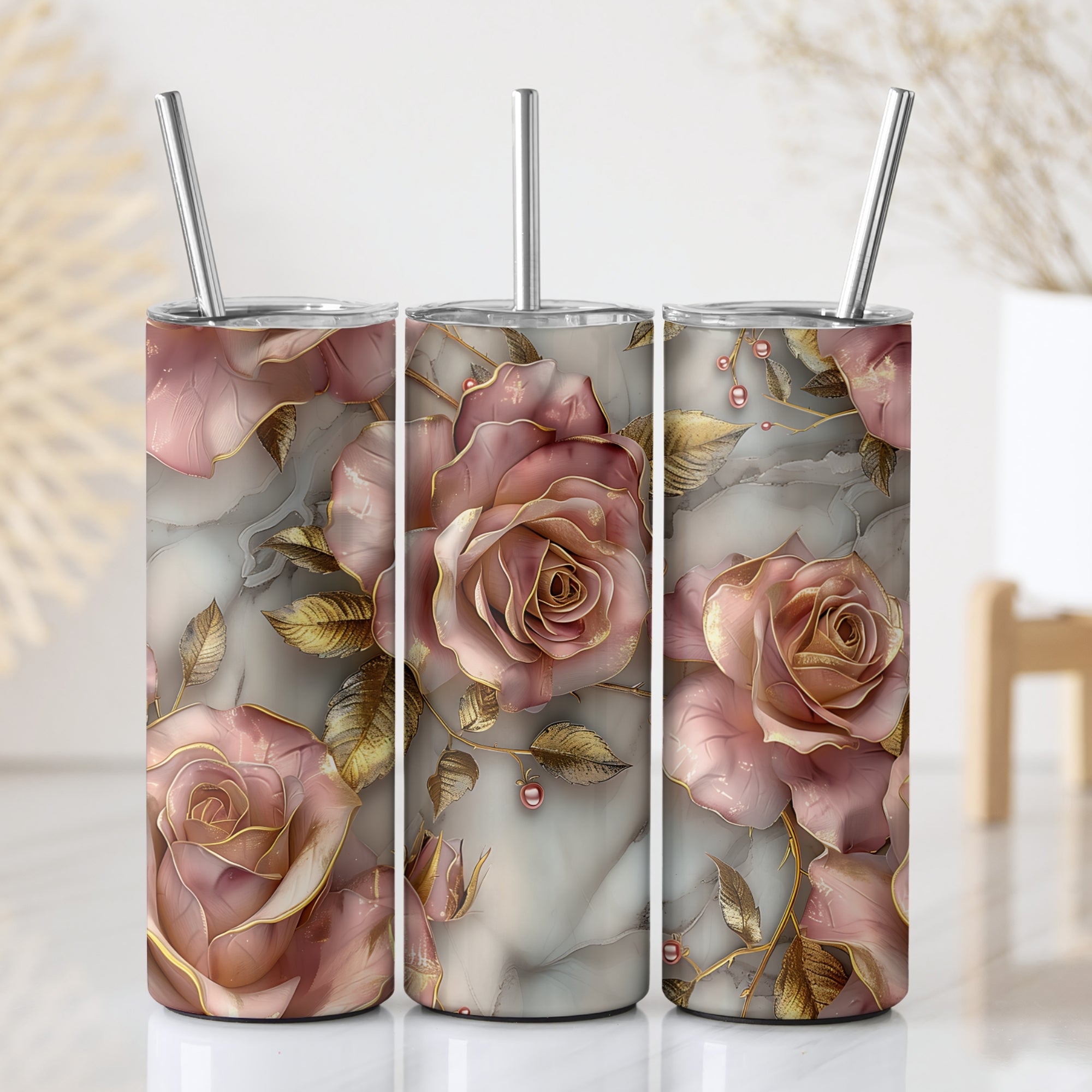 Vintage Floral Themed Stainless Steel Vacuum Insulated Tumbler