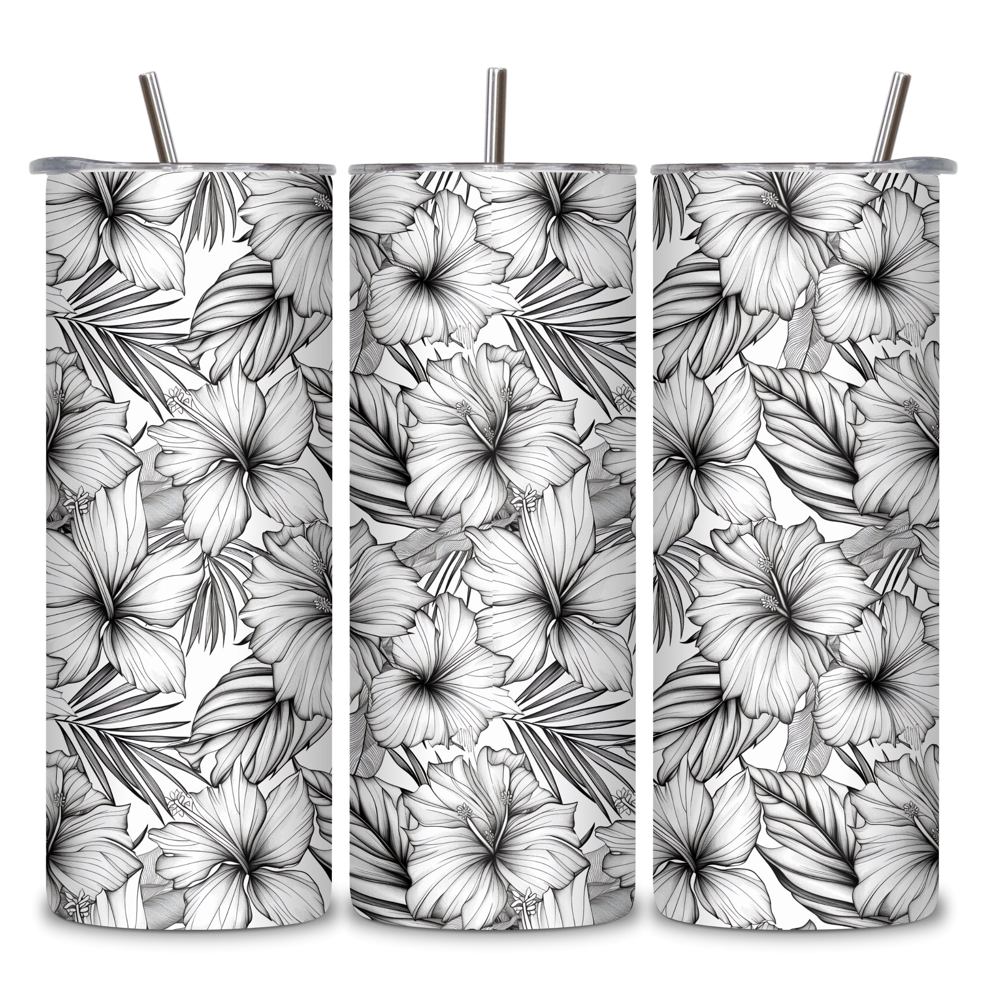 Black and White Floral Themed Stainless Steel Vacuum Insulated Tumbler