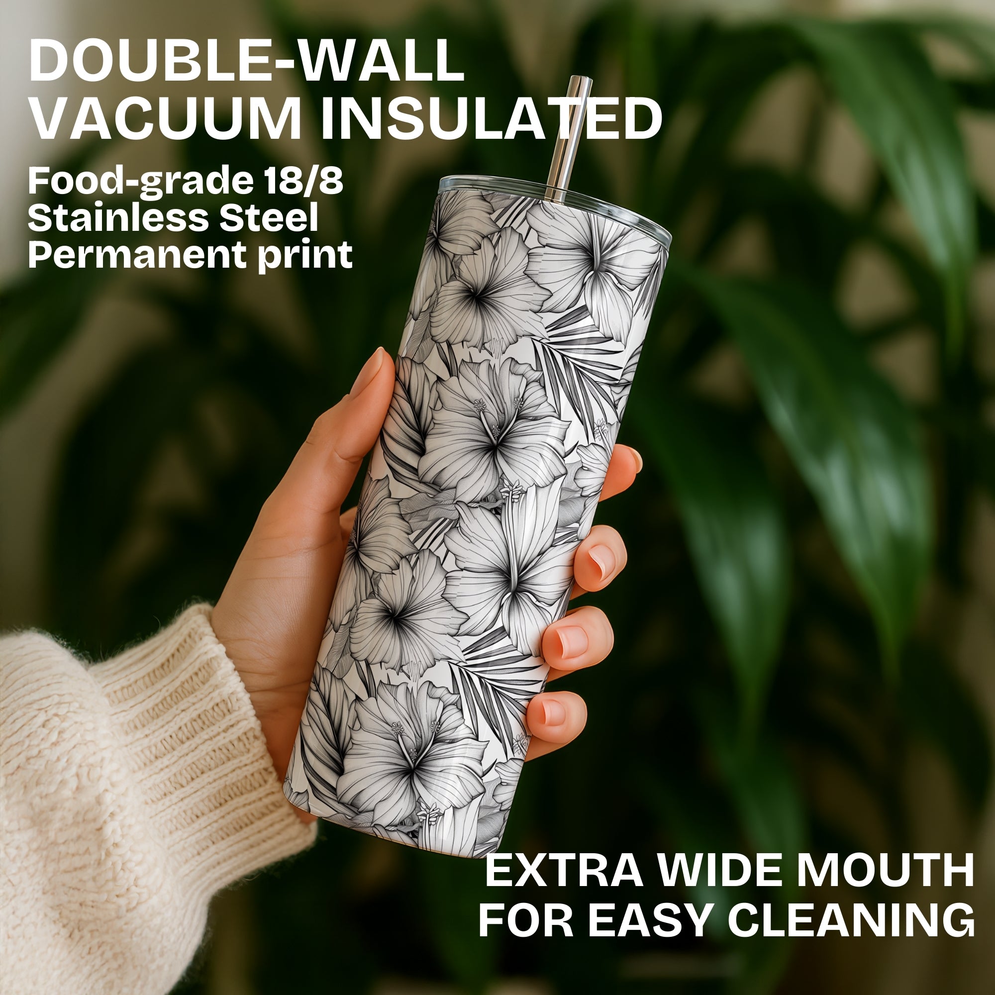 Black and White Floral Themed Stainless Steel Vacuum Insulated Tumbler