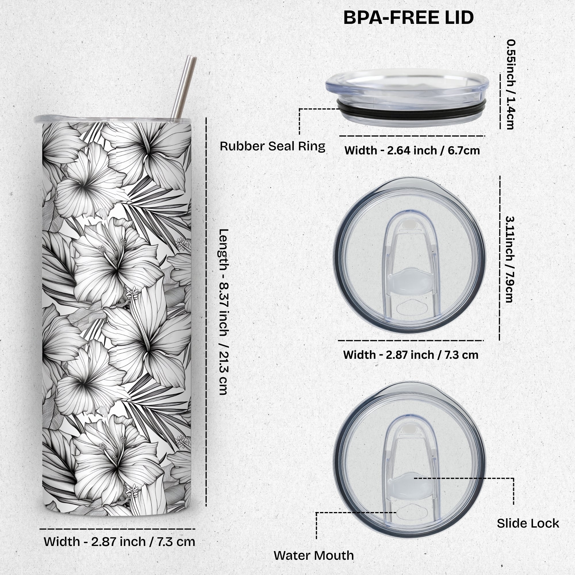 Black and White Floral Themed Stainless Steel Vacuum Insulated Tumbler