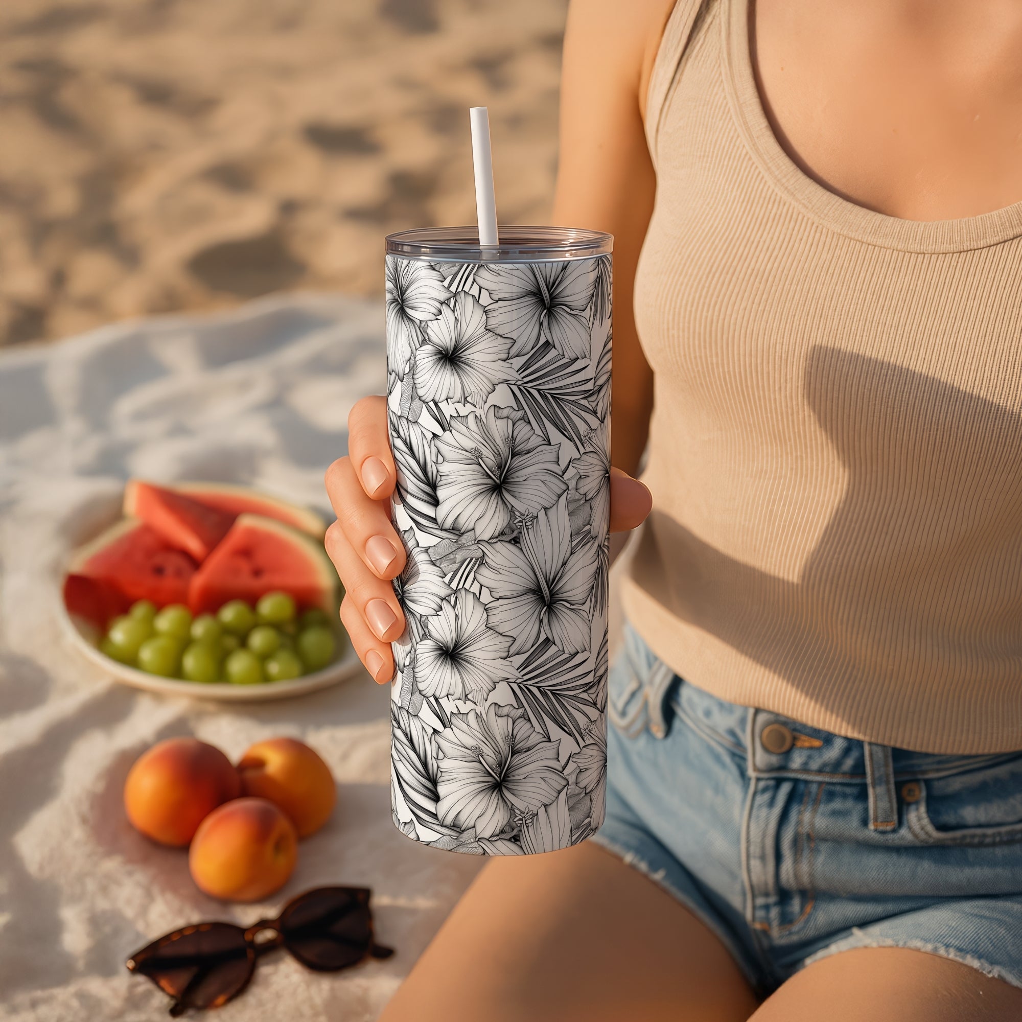 Black and White Floral Themed Stainless Steel Vacuum Insulated Tumbler