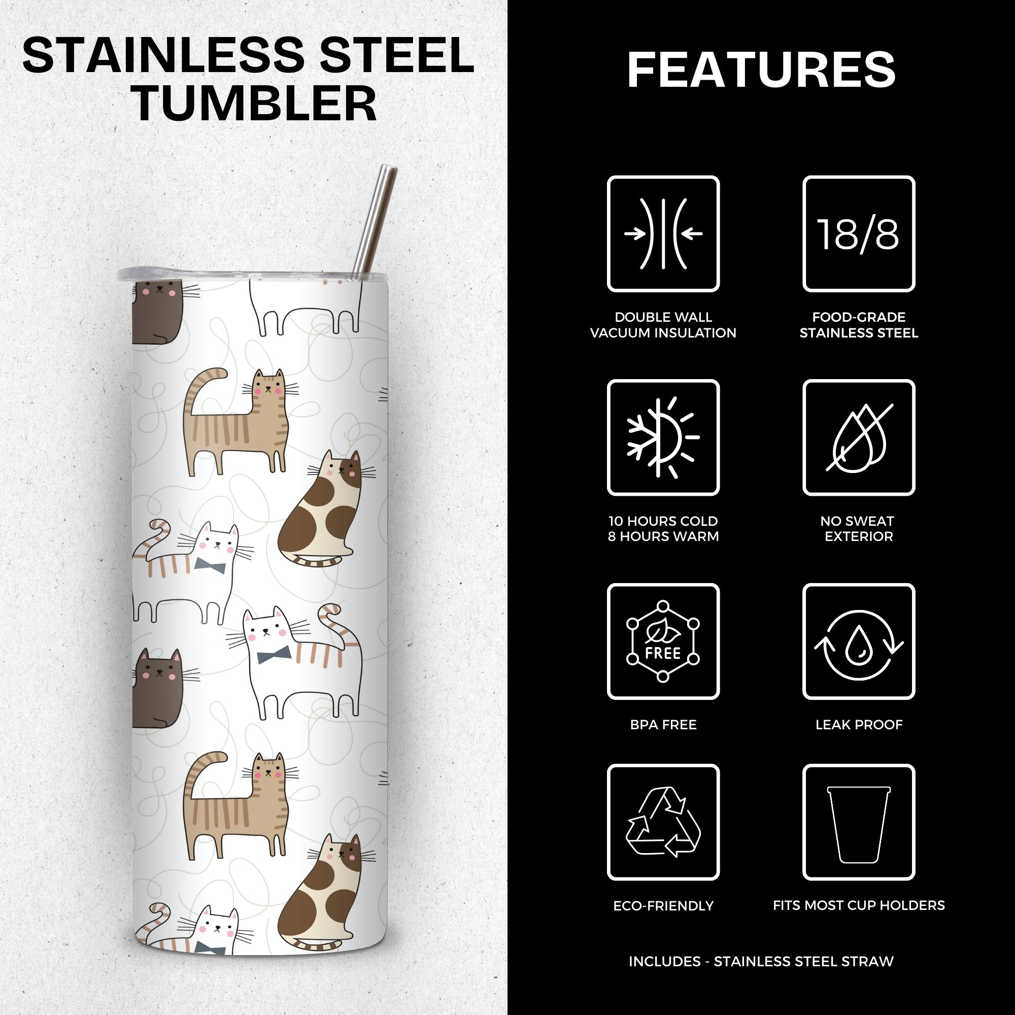 Pastel Cats Themed Stainless Steel Vacuum Insulated Tumbles