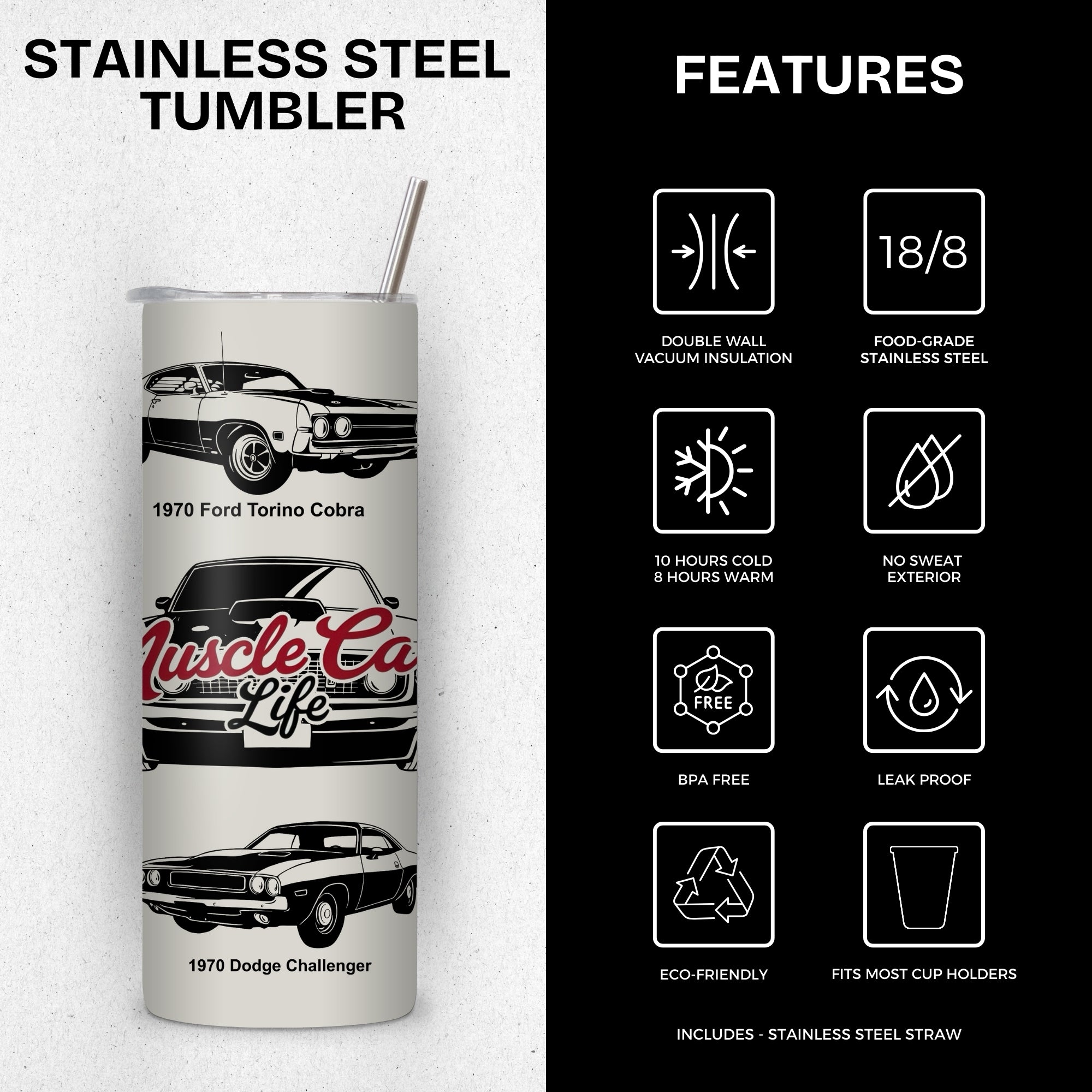 Muscle Cars Themed Stainless Steel Vacuum Insulated Tumbler
