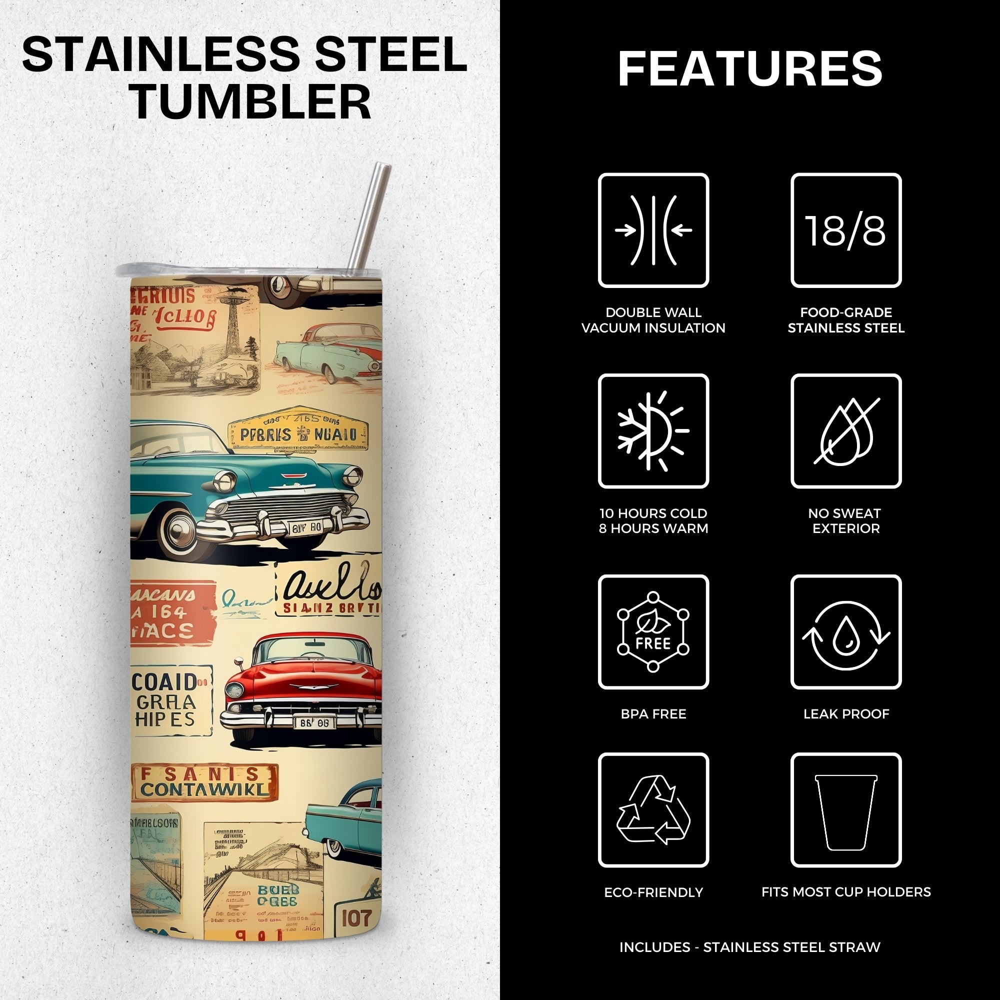 Vintage Cars Themed Stainless Steel Vacuum Insulated Tumbler