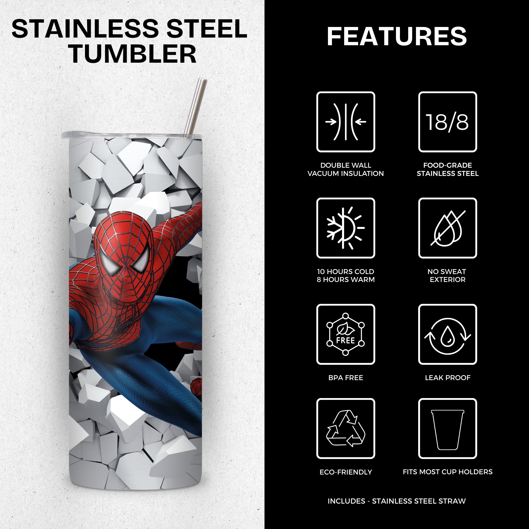 White Spiderman Themed Stainless Steel Vacuum Insulated Tumbler