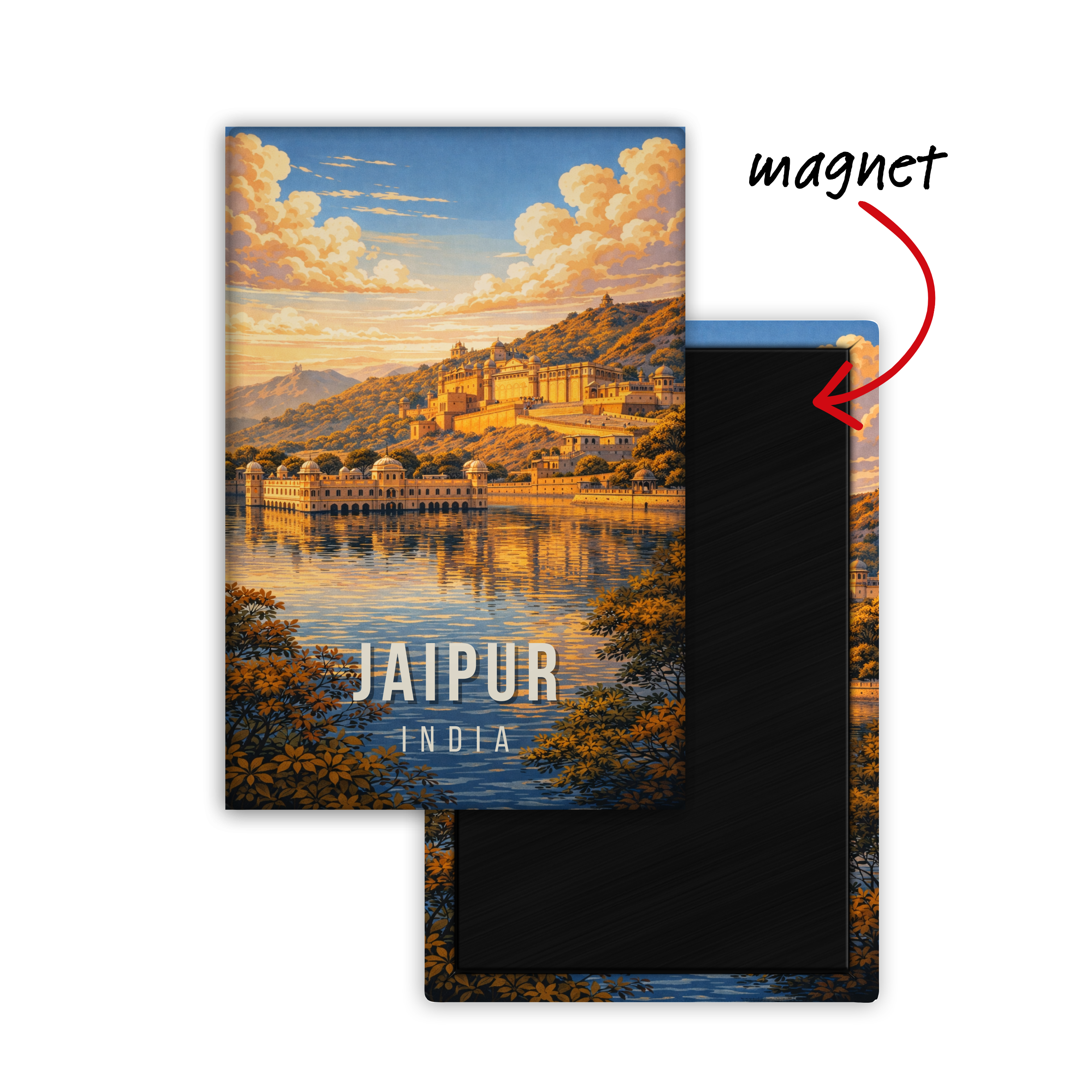 Magnetic card with a scenic view of Jaipur, India, and a black magnet on a white background.