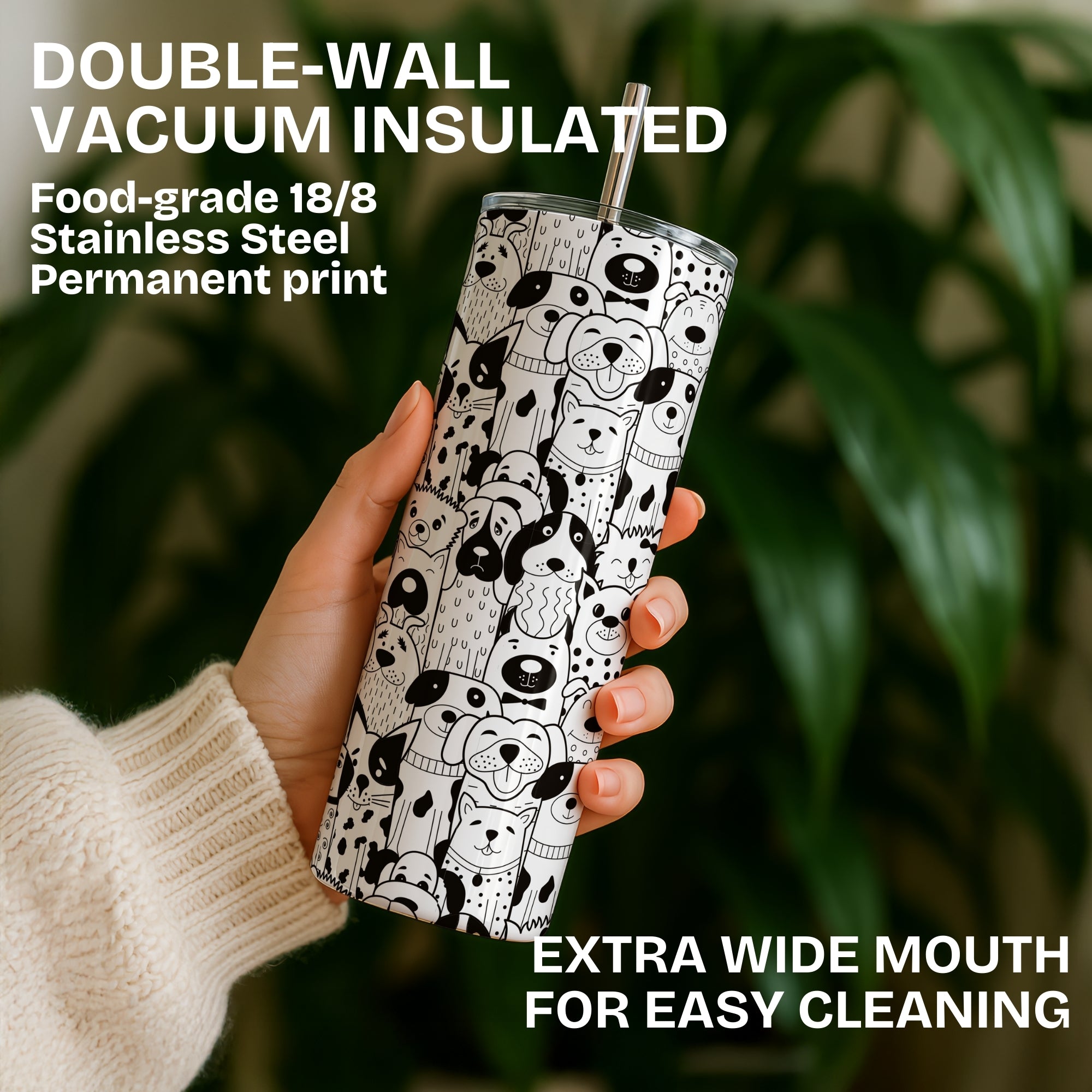 Black and White Pup Themed Stainless Steel Vacuum Insulated Tumbler