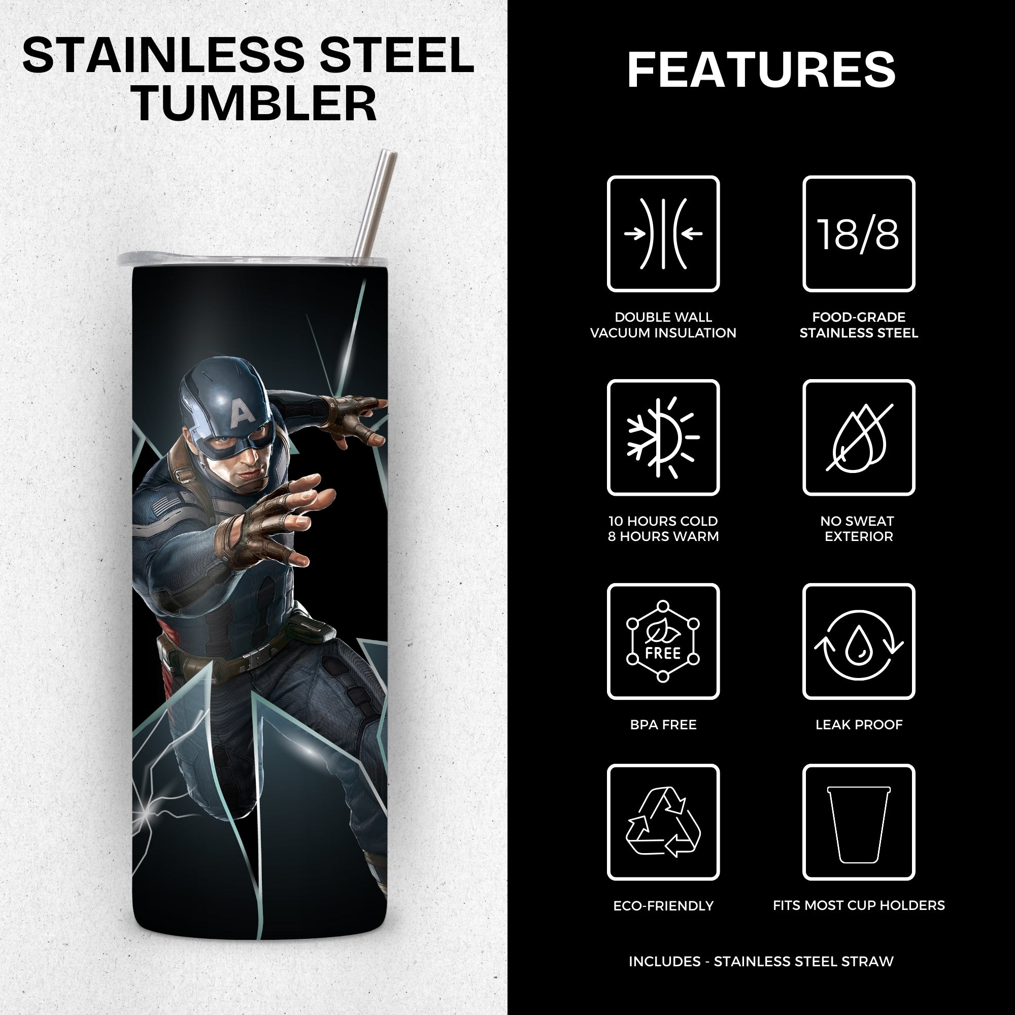 Captain America Themed Stainless Steel Vacuum Insulated Tumbler