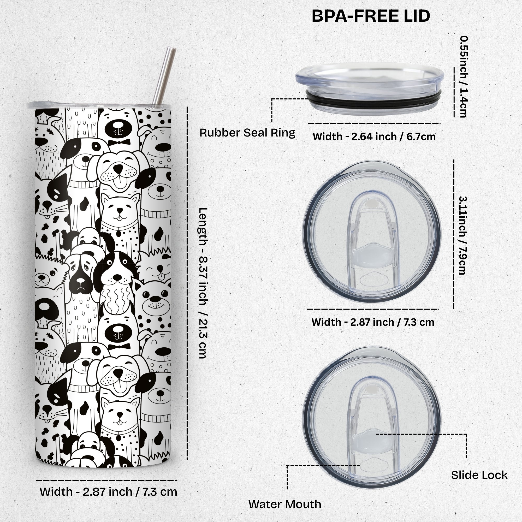 Black and White Pup Themed Stainless Steel Vacuum Insulated Tumbler