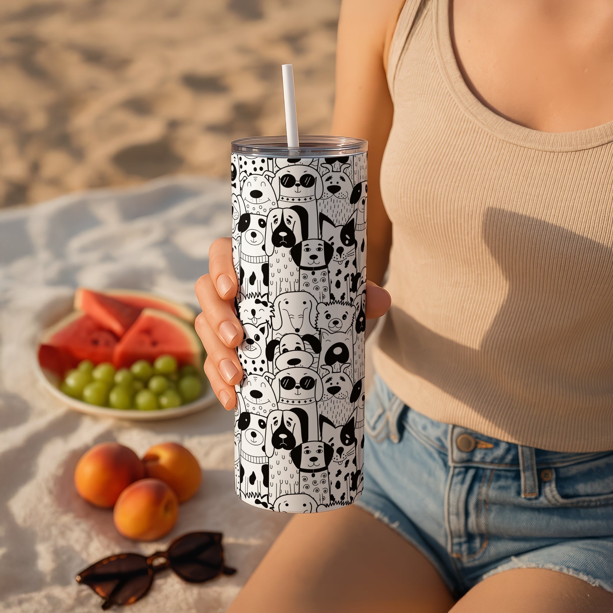 Black and White Pup Themed Stainless Steel Vacuum Insulated Tumbler