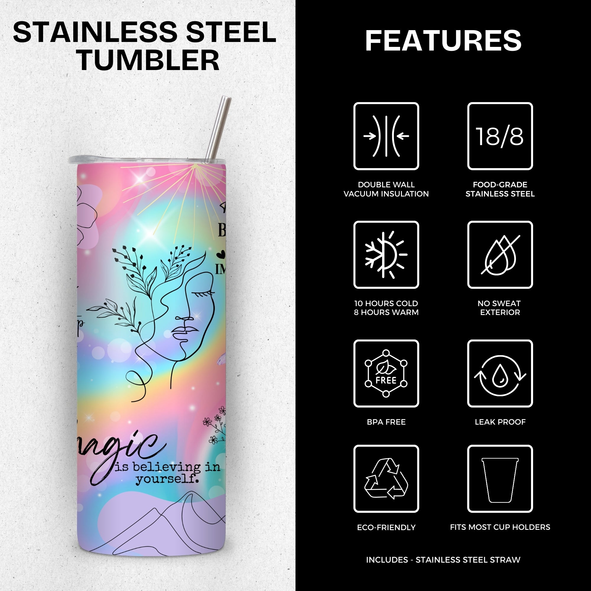 Unicorn Colored Affirmations Stainless Steel Vacuum Insulated Tumbler