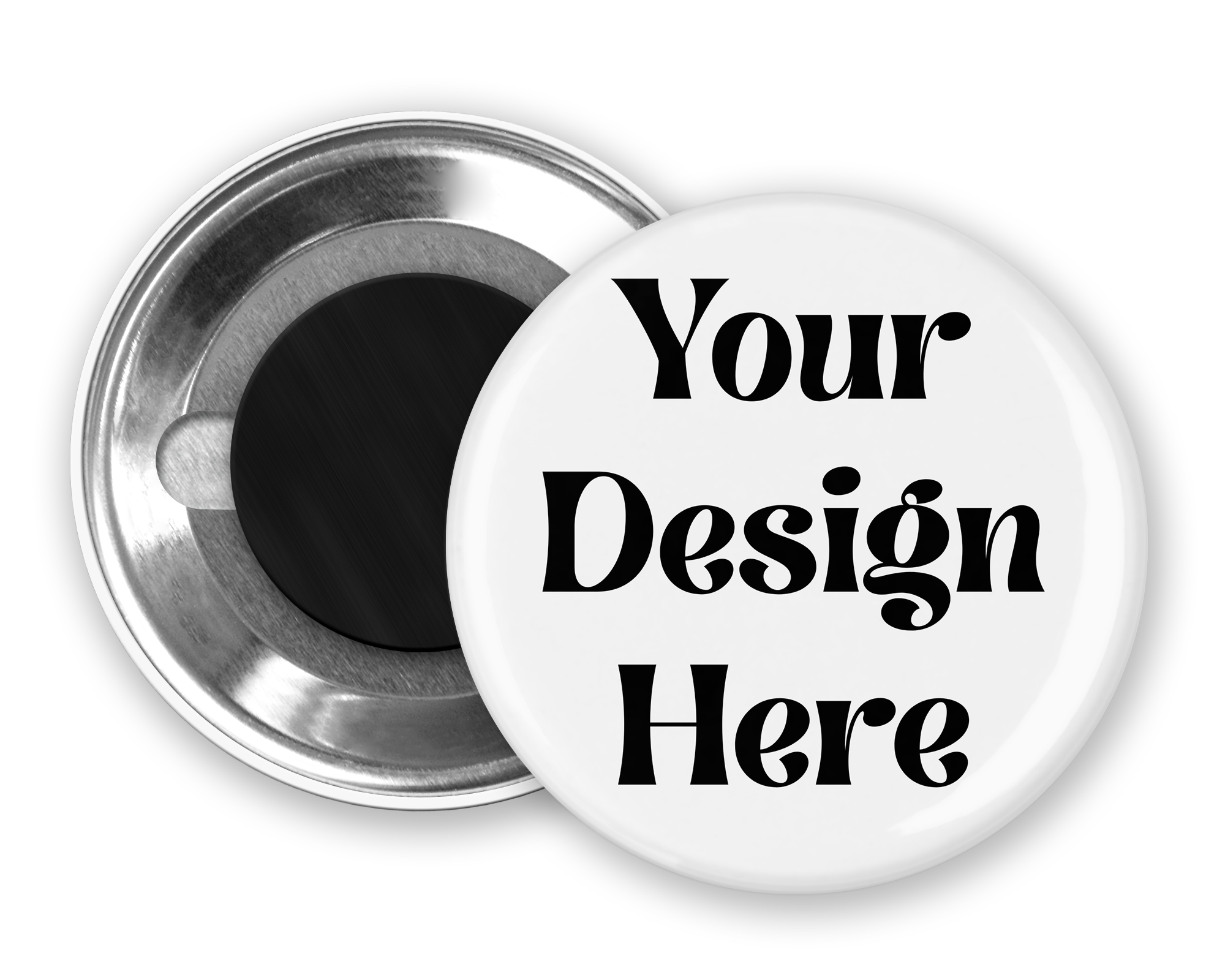 Custom button badge with 'Your Design Here' text on a white background