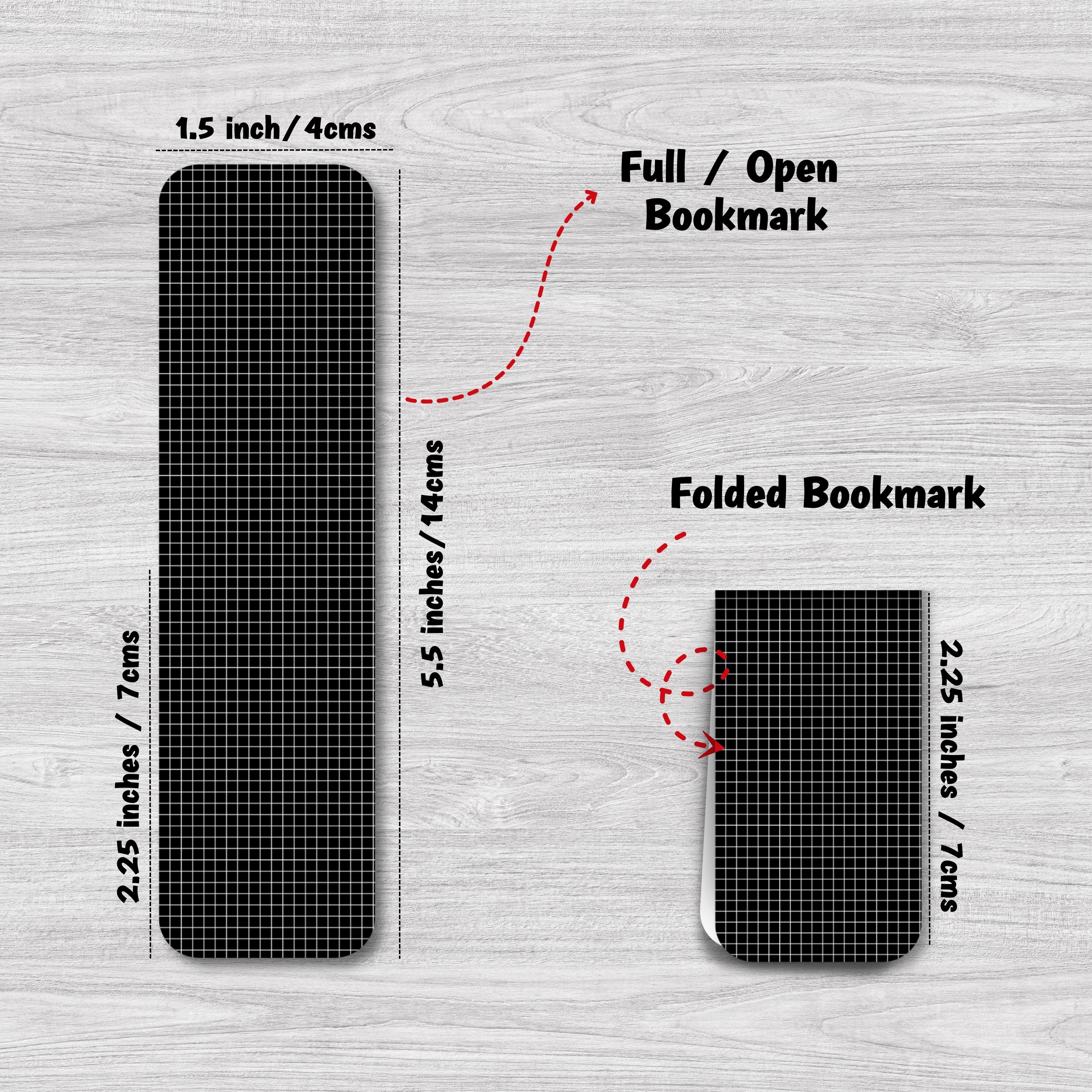 Measurement chart showing dimensions of a grid bookmark in full and folded states on a gray background.