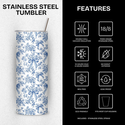 Blue Floral Themed Stainless Steel Vacuum Insulated Tumbler
