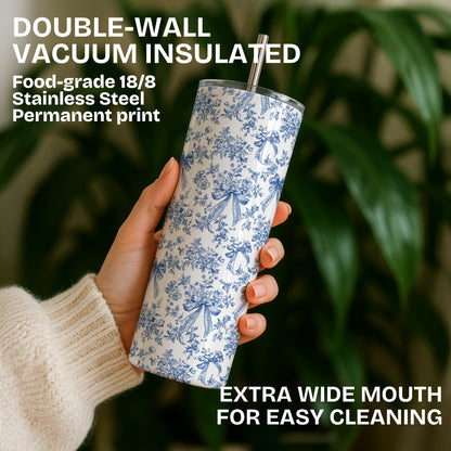 Blue Floral Themed Stainless Steel Vacuum Insulated Tumbler