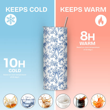 Blue Floral Themed Stainless Steel Vacuum Insulated Tumbler