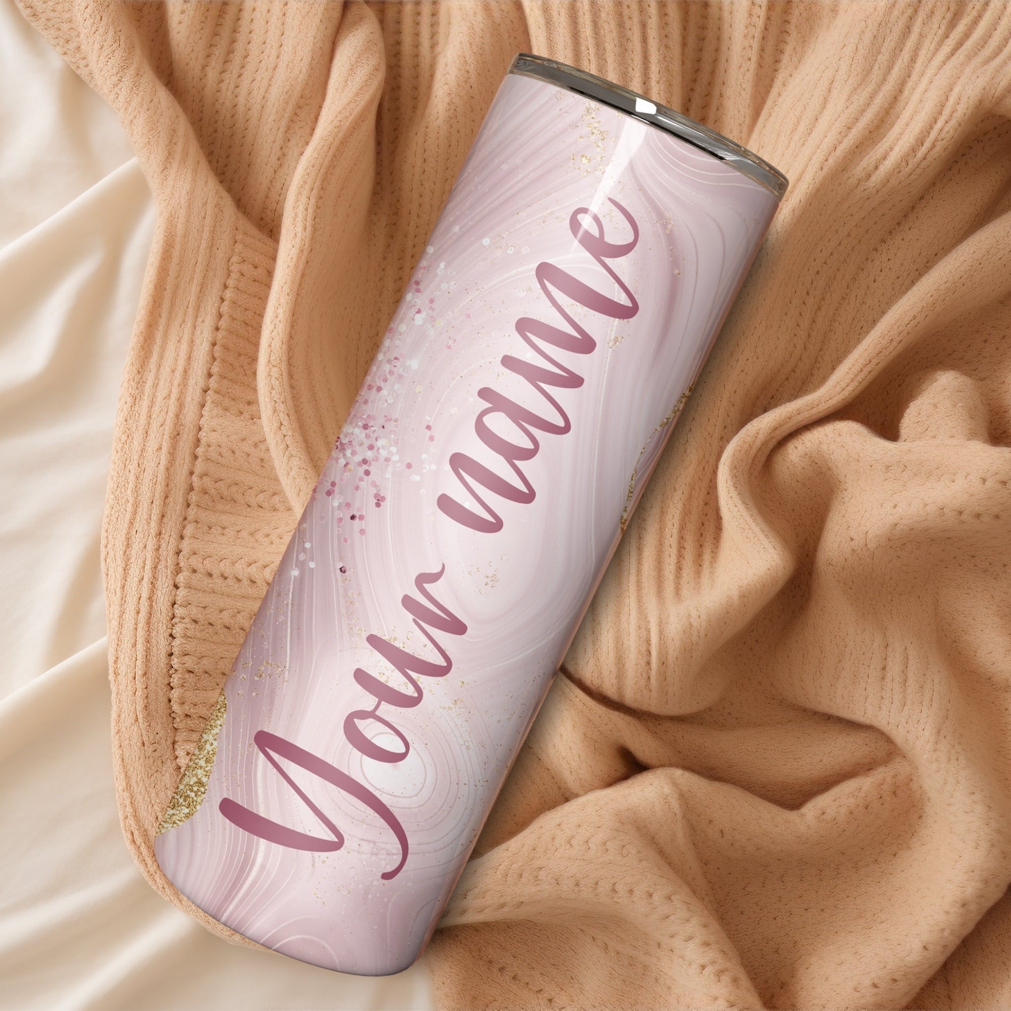 Name Personalised Pink Marble Glitter Stainless Steel Vacuum Insulated Tumbler