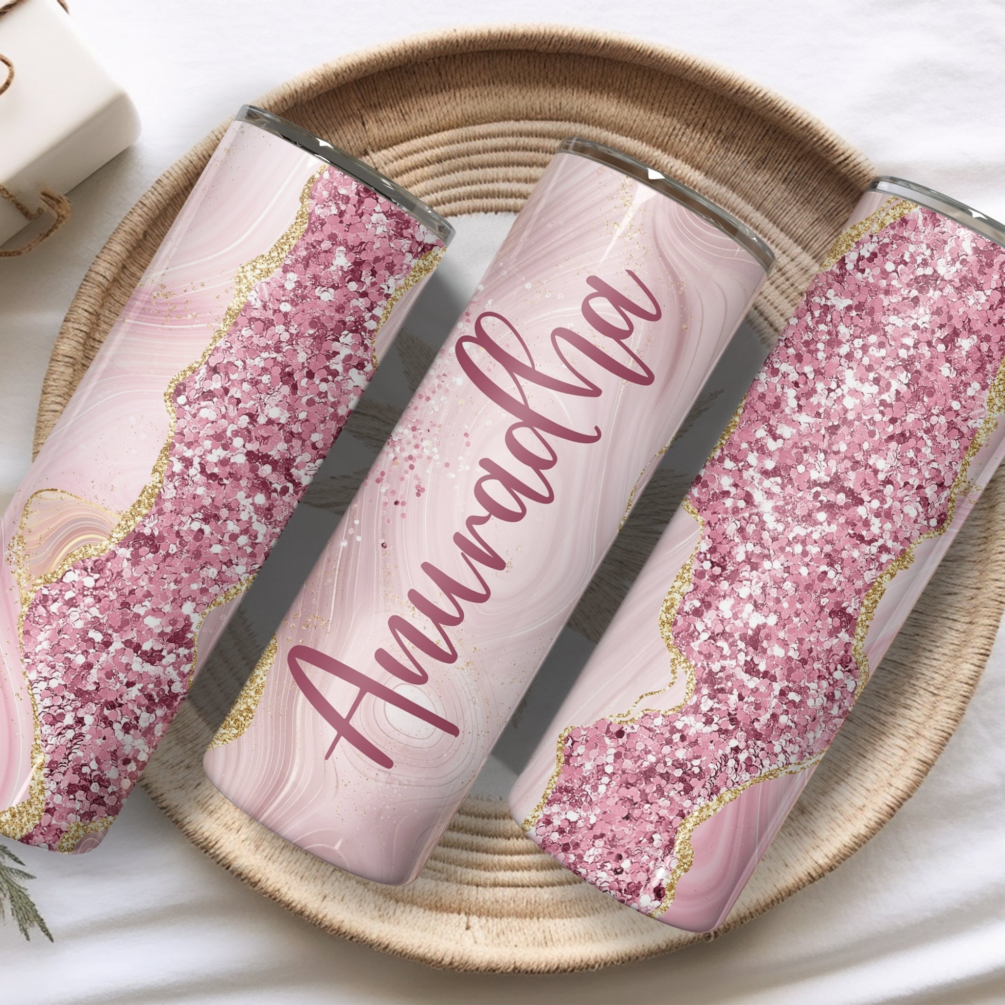 Name Personalised Pink Marble Glitter Stainless Steel Vacuum Insulated Tumbler