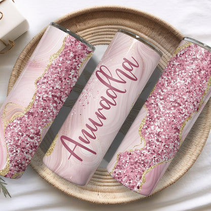 Name Personalised Pink Marble Glitter Stainless Steel Vacuum Insulated Tumbler