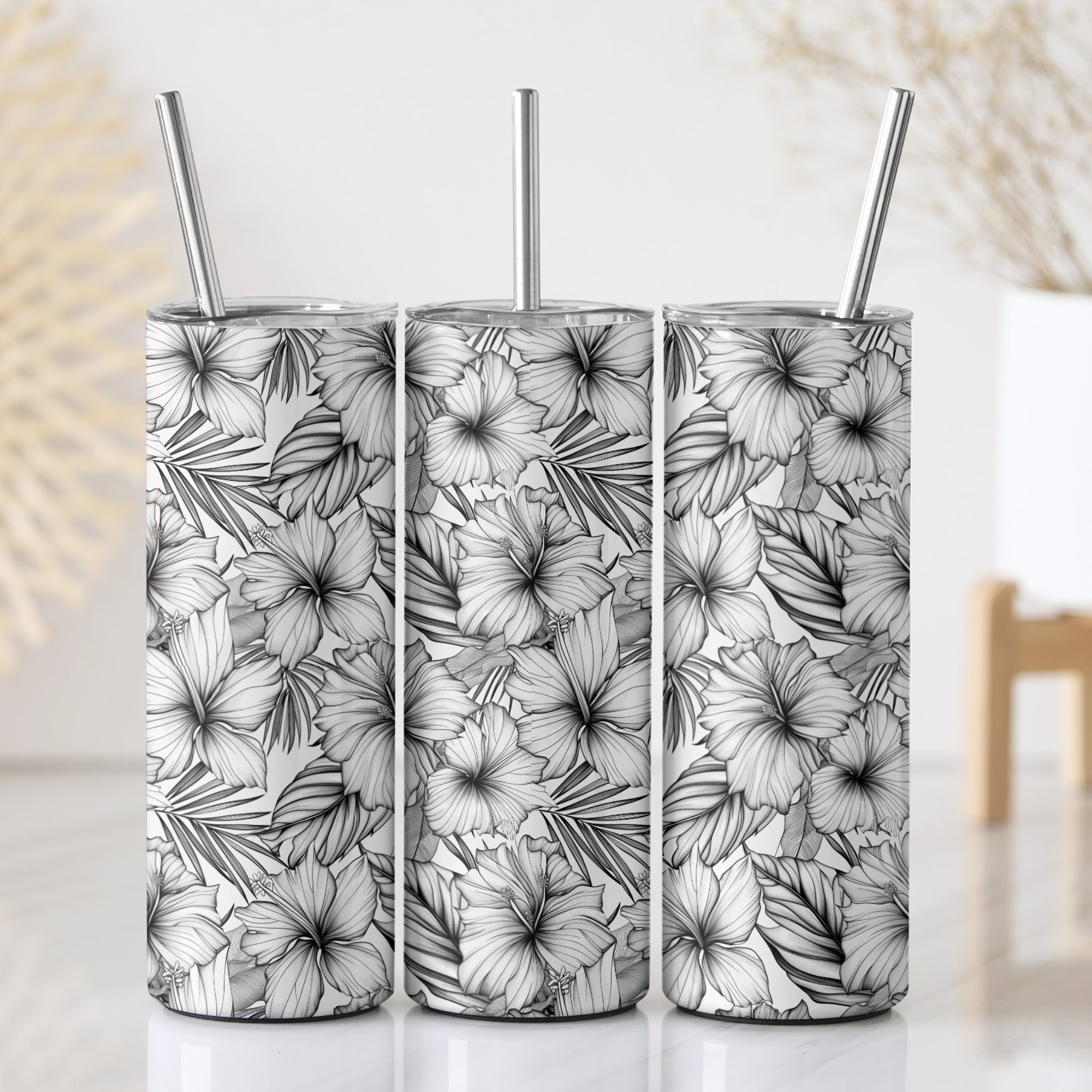 Black and White Floral Themed Stainless Steel Vacuum Insulated Tumbler