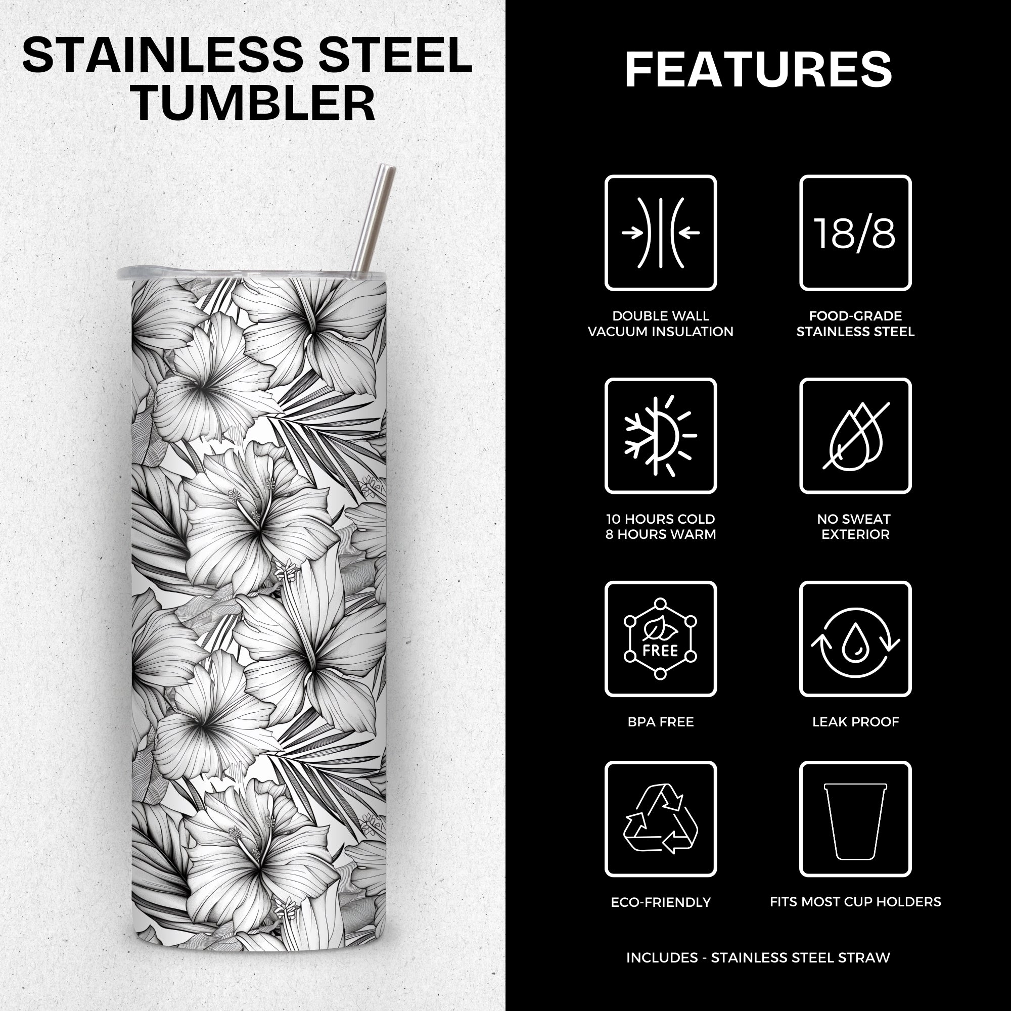Black and White Floral Themed Stainless Steel Vacuum Insulated Tumbler