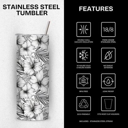 Black and White Floral Themed Stainless Steel Vacuum Insulated Tumbler