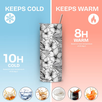 Black and White Floral Themed Stainless Steel Vacuum Insulated Tumbler