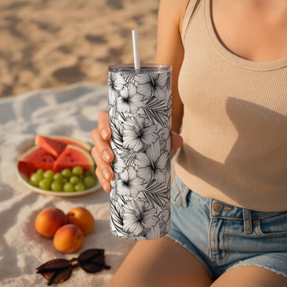 Black and White Floral Themed Stainless Steel Vacuum Insulated Tumbler