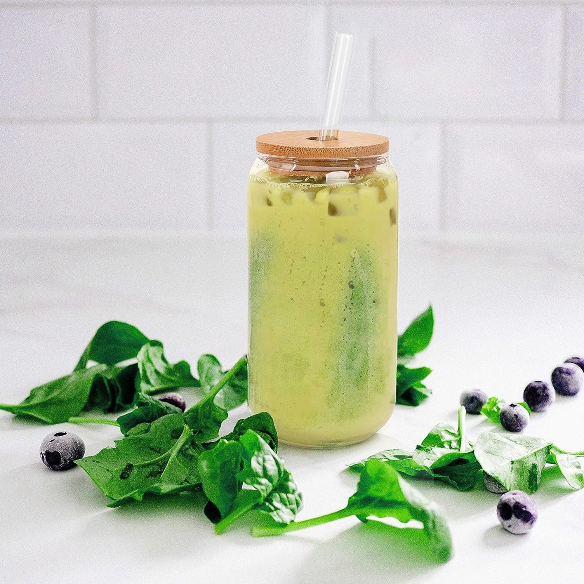 Clear - Glass Tumbler with Glass Straw & Bamboo Lid