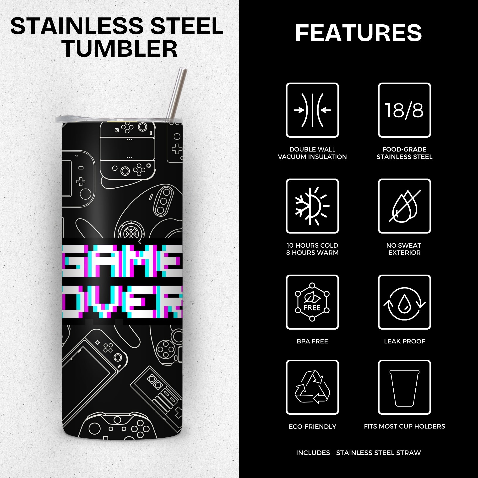Game Nerd Themed Stainless Steel Vacuum Insulated Tumbler