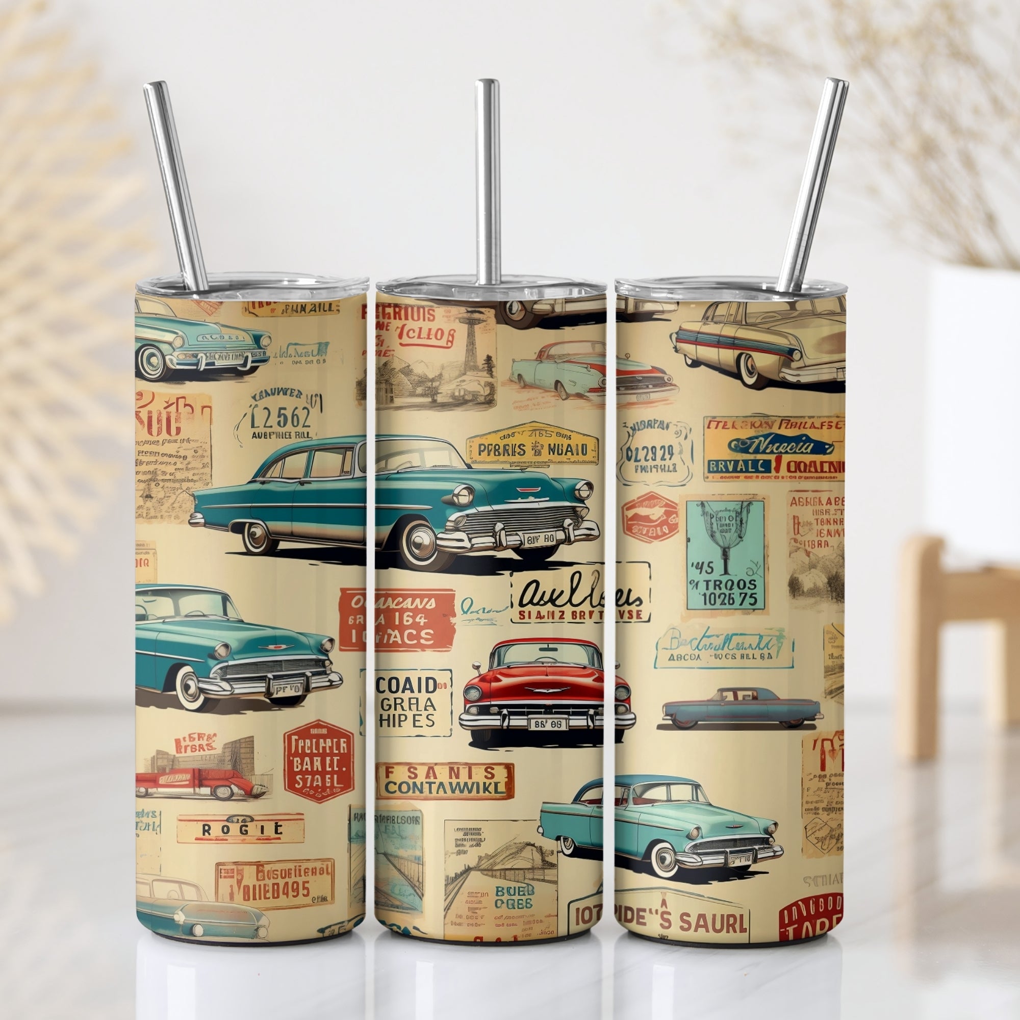 Vintage Cars Themed Stainless Steel Vacuum Insulated Tumbler