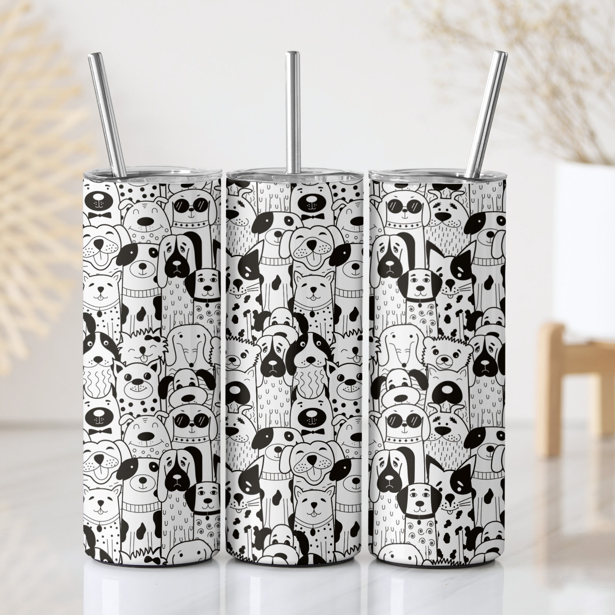 Black and White Pup Themed Stainless Steel Vacuum Insulated Tumbler