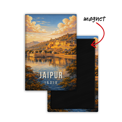 Magnetic card with a scenic view of Jaipur, India, and a black magnet on a white background.