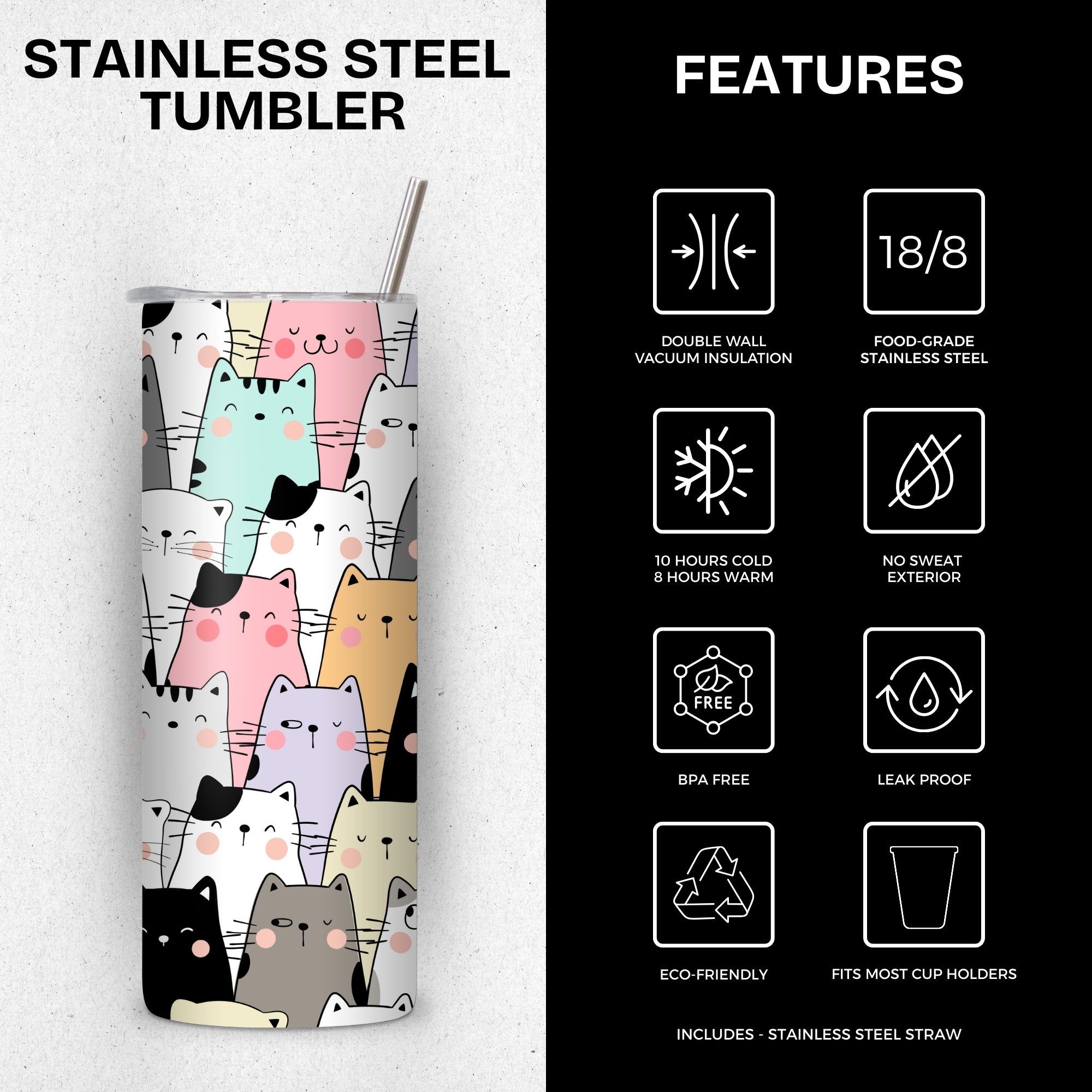 Cute Cats Themed Stainless Steel Vacuum Insulated Tumbler