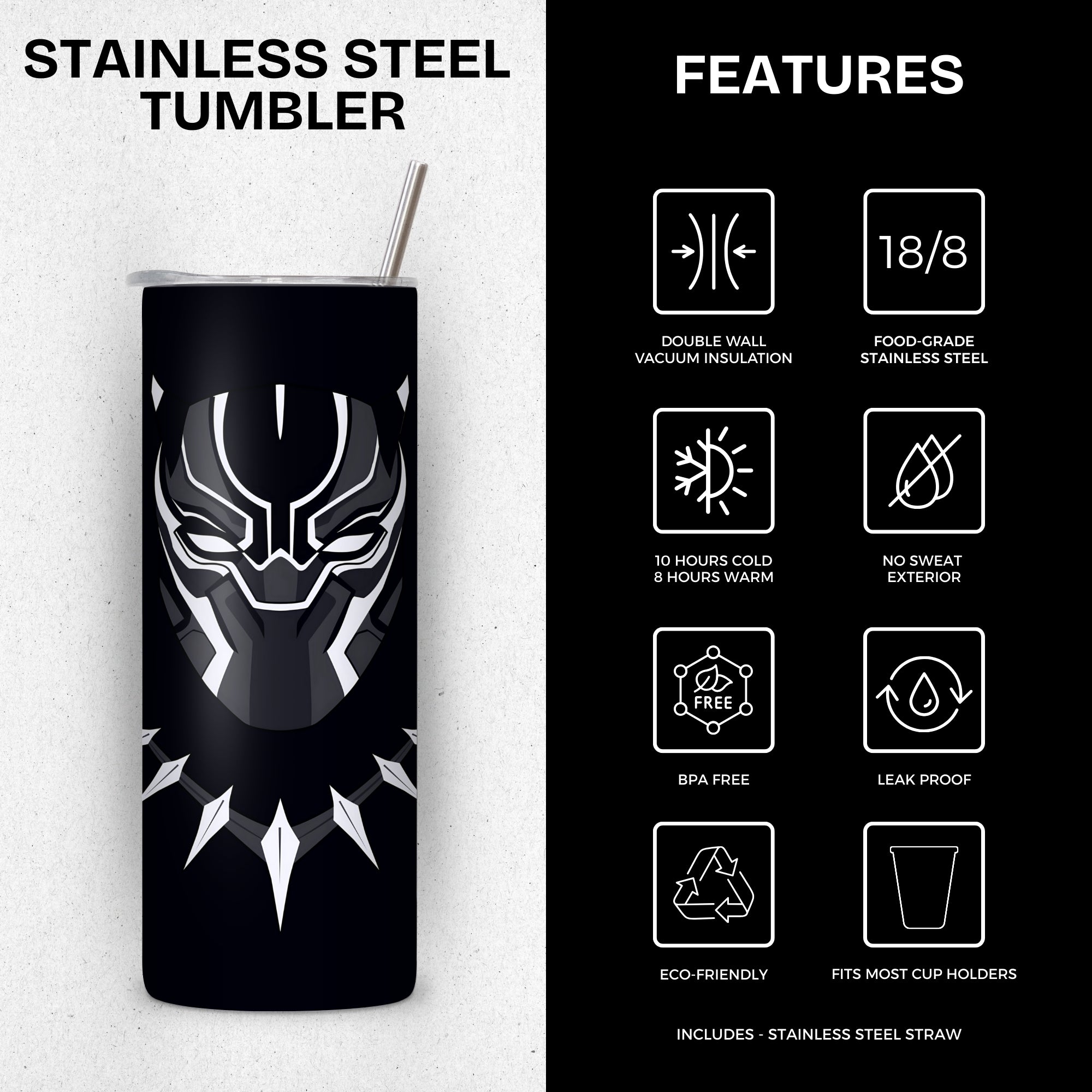 Black Panther Themed Stainless Steel Vacuum Insulated Tumbler