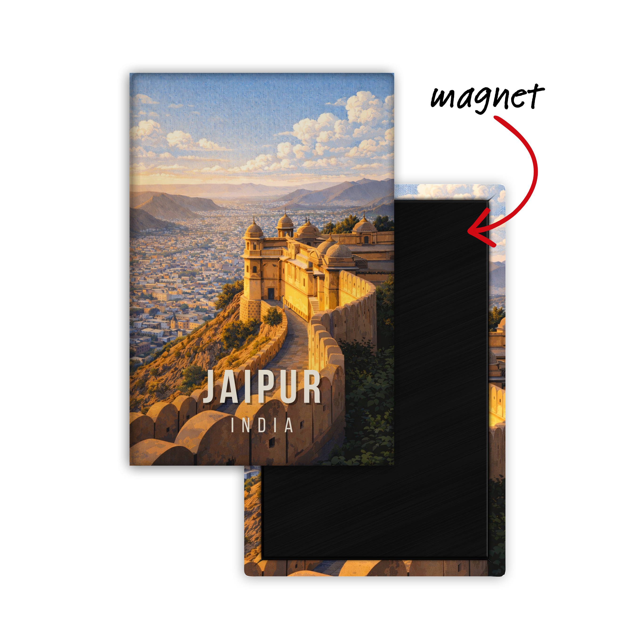 Fridge magnet with a scenic view of Jaipur, India, and 'magnet' text pointing to the black back.