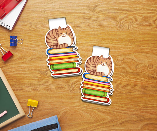 Ginger Cat On a Pile Of Books Magnetic Bookmark