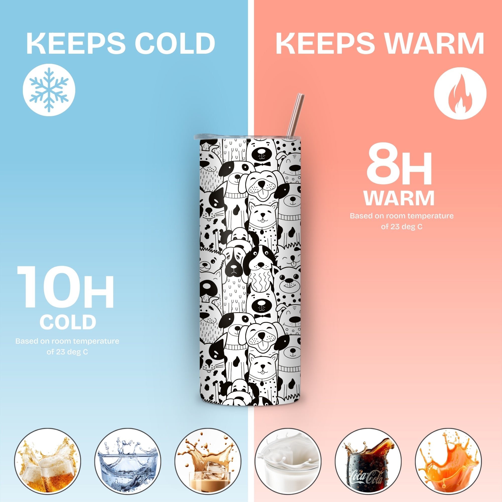 Black and White Pup Themed Stainless Steel Vacuum Insulated Tumbler