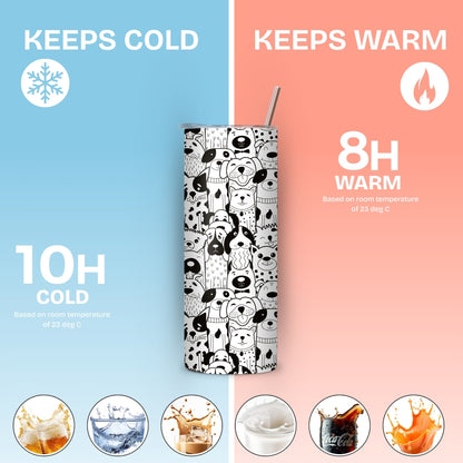 Black and White Pup Themed Stainless Steel Vacuum Insulated Tumbler