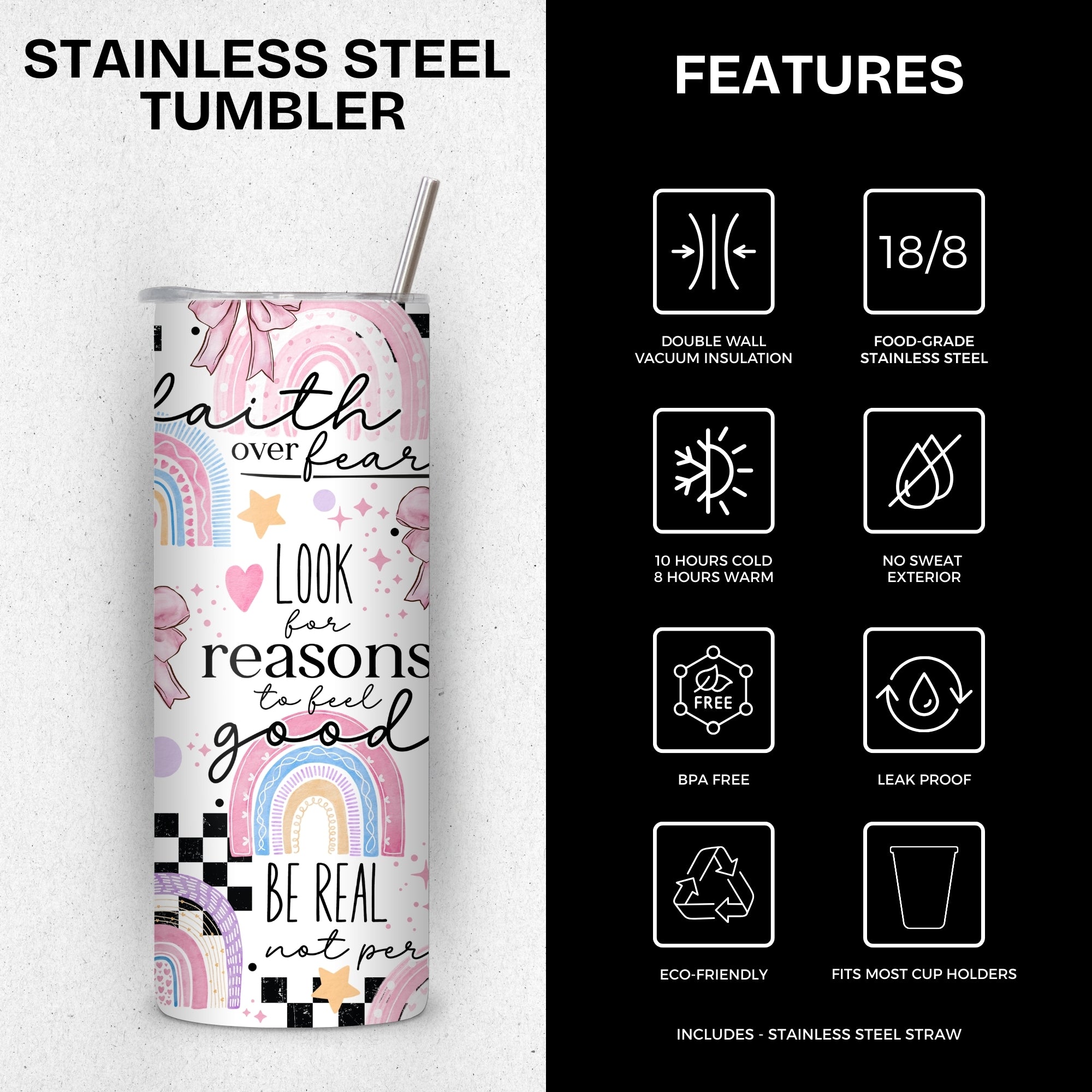 Rainbow Affirmations Themed Stainless Steel Vacuum Insulated Tumbler