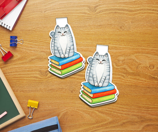 Grey Cat on a Pile Of Books Magnetic Bookmark