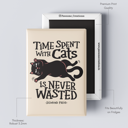 Fridge magnet with a cat illustration and quote on a white background