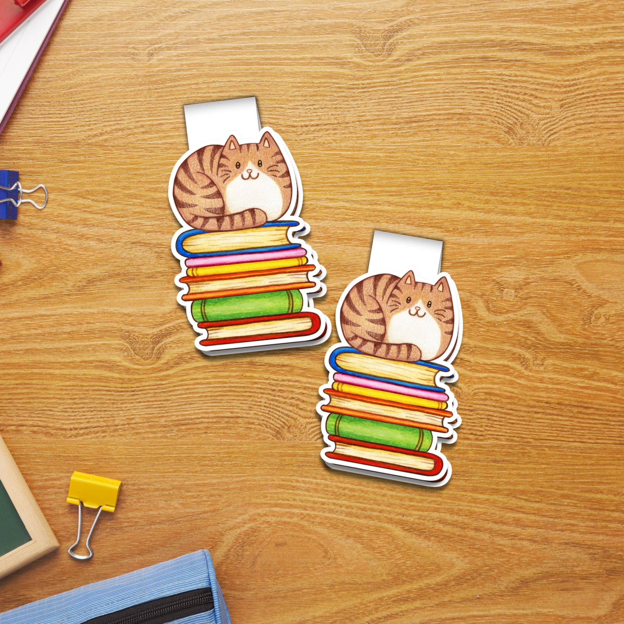 Ginger Cat On a Pile Of Books Magnetic Bookmark