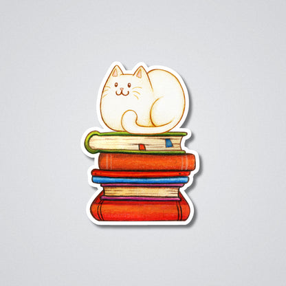 Cat on a pile of books Vinyl Waterproof Sticker