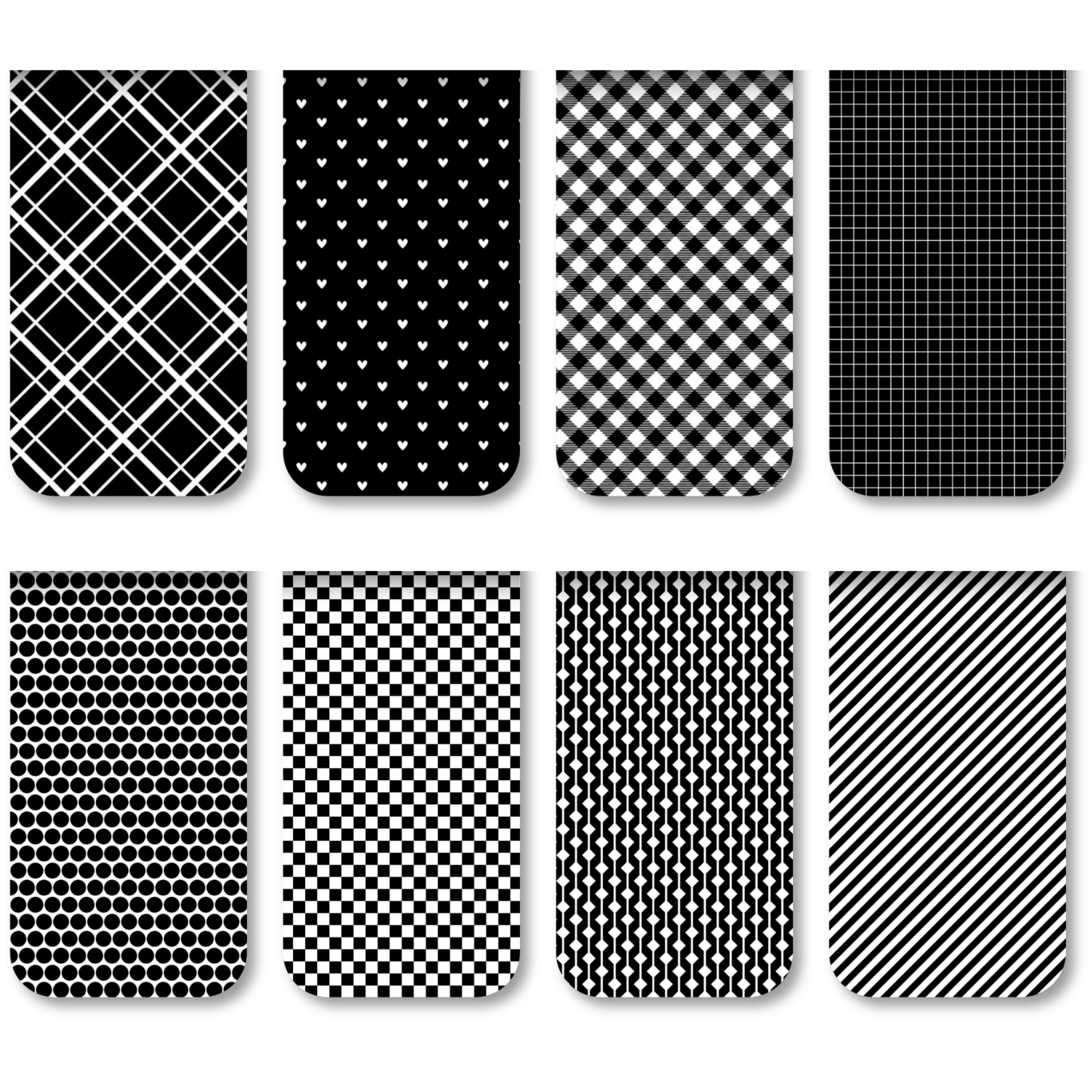 Set of black and white patterned nail wraps arranged in a grid.
