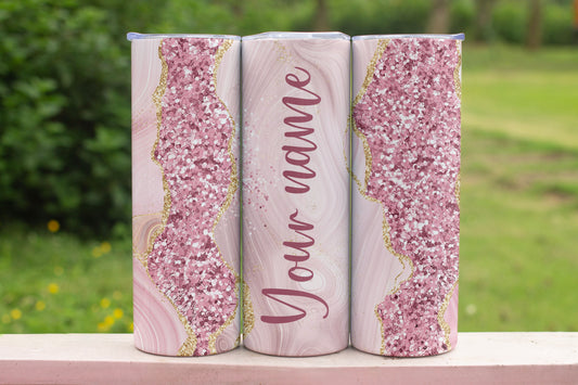 Name Personalised Pink Glitter Themed Stainless Steel Vacuum Insulated Tumbler 