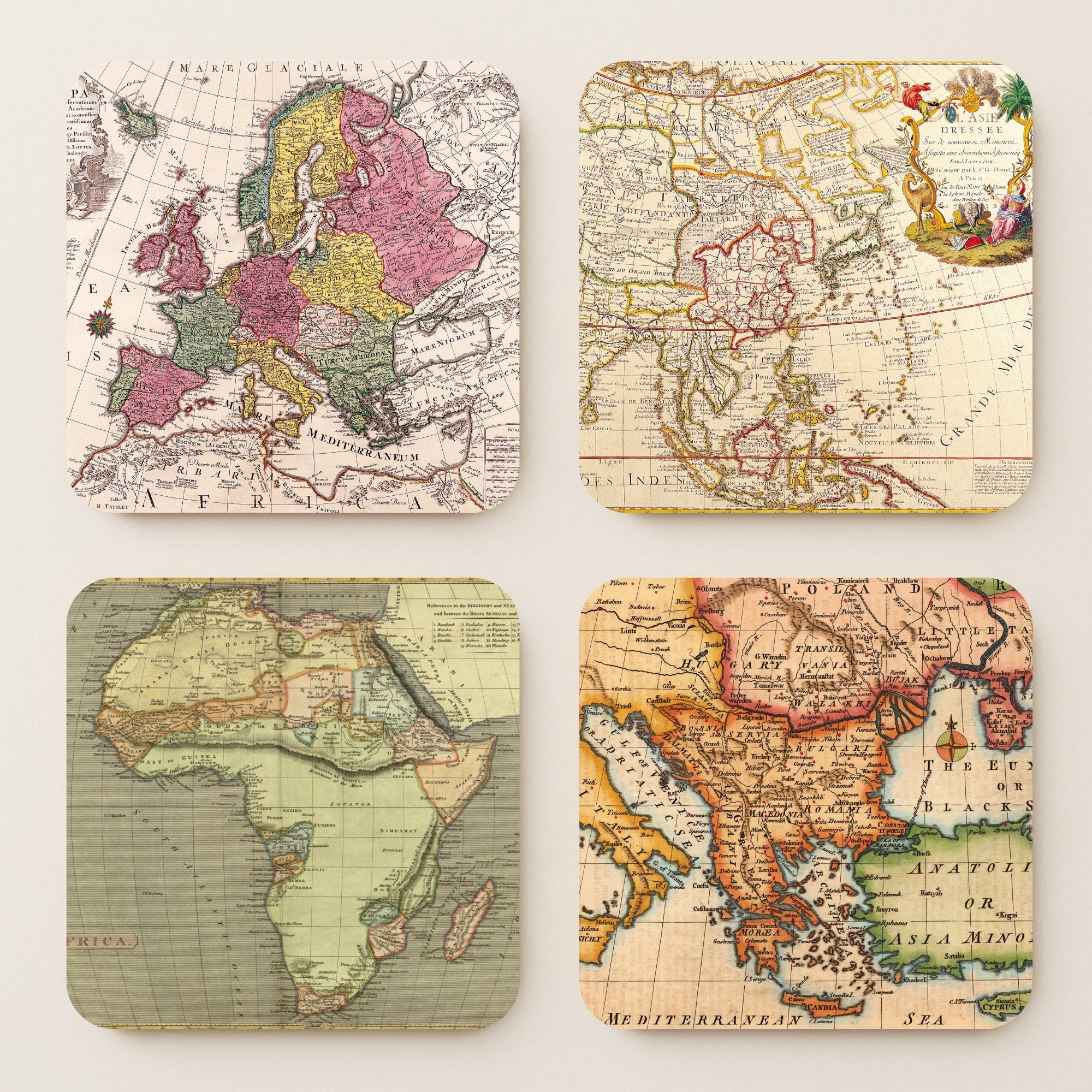 Old Vintage Maps MDF Coasters - Set Of 4